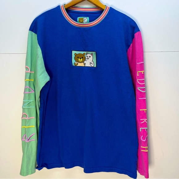 Teddy Fresh X Ripndip Colorblock Embroidered Long Sleeve Shirt Sz Large Cat Bear - Picture 1 of 10